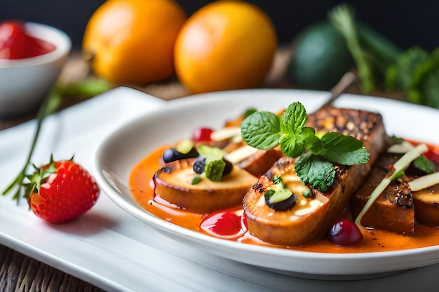 Een bord eten met fruit en groenten erop