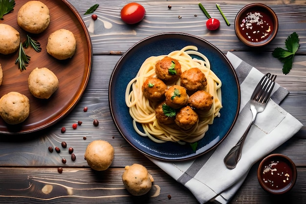 Een bord eten met gehaktballetjes en een kommetje saus.