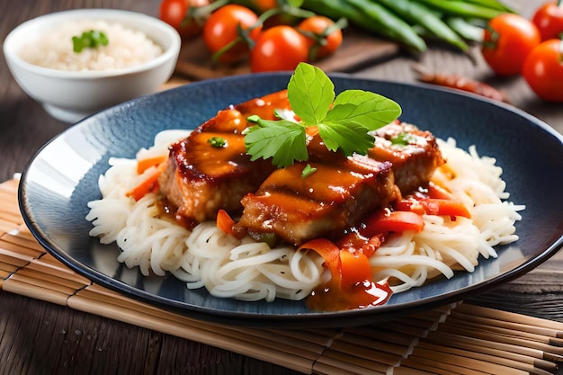 een bord eten met noedels en groenten