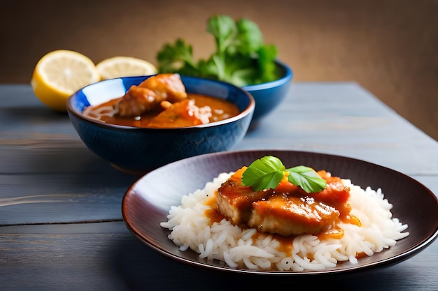 een bord eten met rijst en een kom rijst met een kom rys en een kom rys.