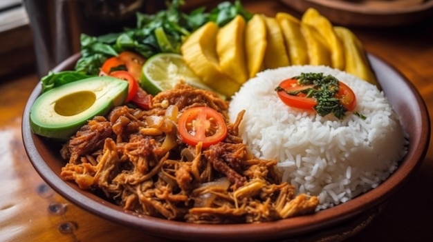 Een bord eten met rijst en een mangoblad erop