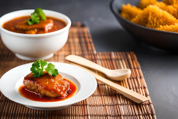 een bord eten met rijst en vlees erop