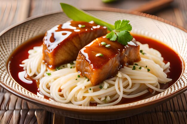 een bord eten met spaghetti en vlees.