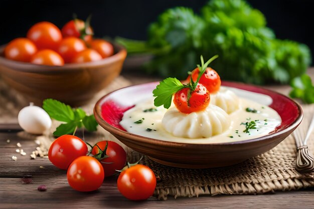 Foto een bord eten met tomaten en een kom roomsaus.