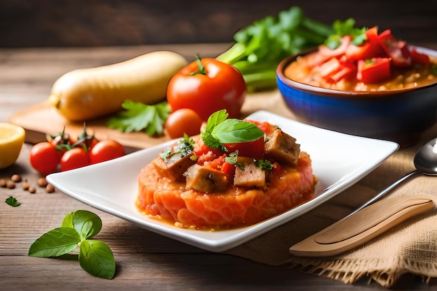 Een bord eten met tomaten en kruiden op een houten tafel