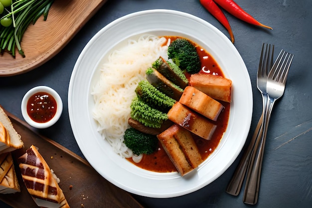 Een bord eten met vlees, broccoli en aubergine.