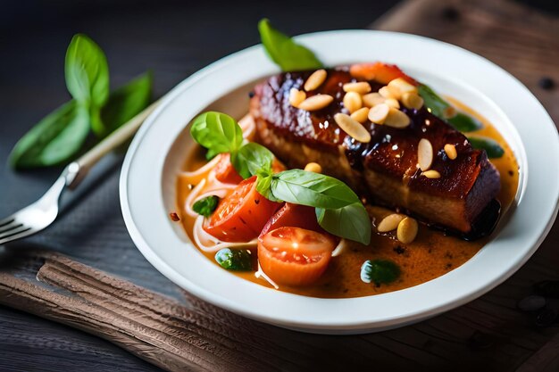 Een bord eten met vlees en groenten op een houten tafel