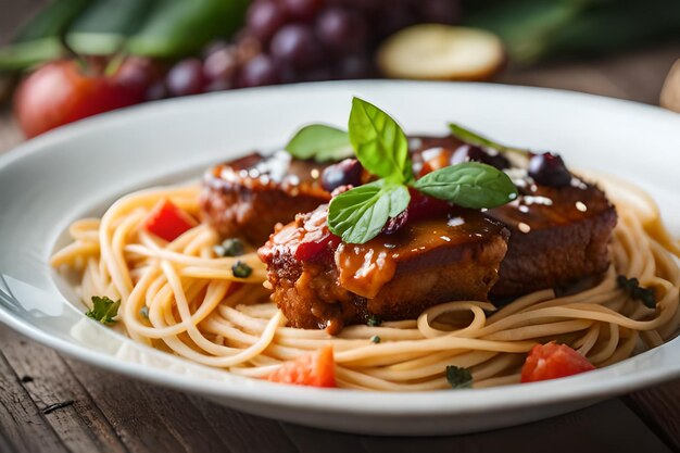 Een bord eten met vlees, pasta en groenten.