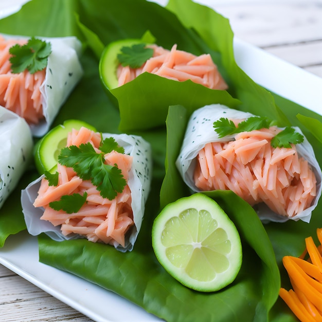 Een bord eten met zalm gewikkeld in groene wikkels en een partje limoen.