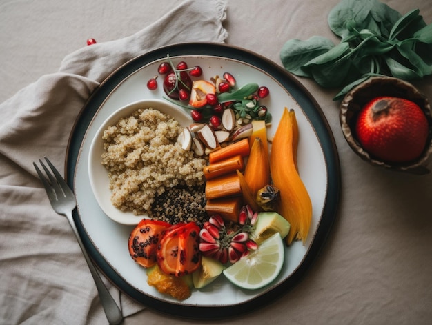 Een bord eten op een tafel naast een schaal met groenten en fruit Generatief AI-beeld