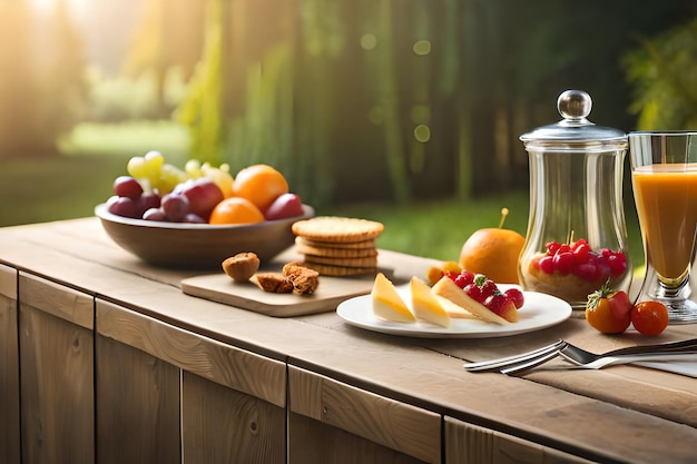 een bord eten staat op een tafel met een schaal fruit en kaas.