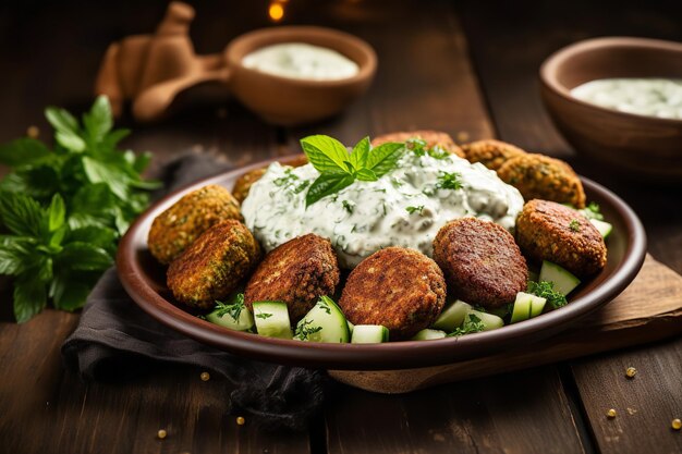 Foto een bord falafel in mediterrane stijl met tzatzikisaus