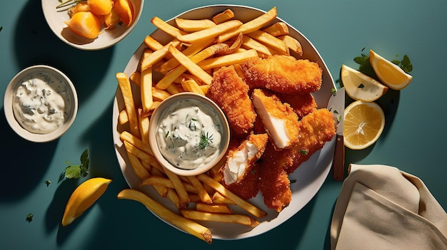 Een bord fish and chips met een bakje saus en een bakje saus