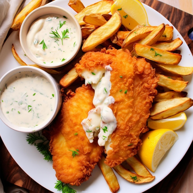 Een bord 'Fish and Chips' met gehavende vis