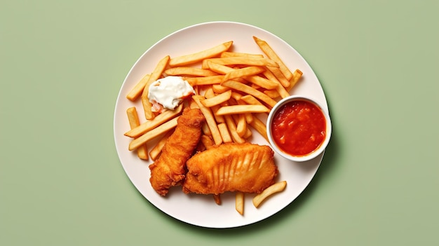 Een bord fish and chips met saus erop.