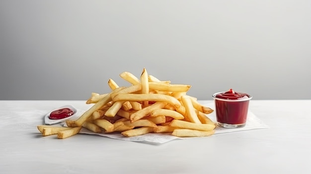 Een bord friet en ketchup op tafel.