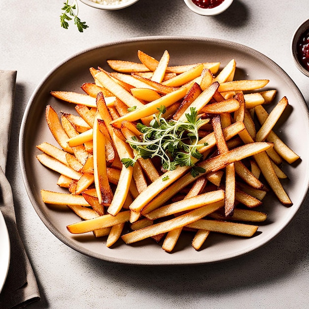 een bord friet met ketchup en ketchup