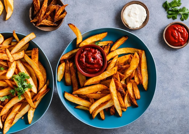 Een bord friet met ketchup erop