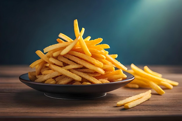 Een bord friet op een tafel met een blauwe achtergrond.