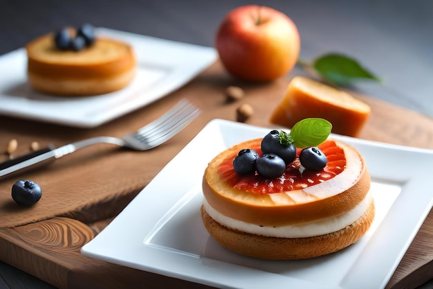 Een bord fruit en een bord eten met een fruitcake erop.