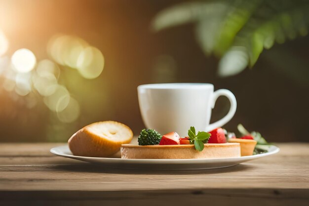 Een bord fruit en een kop koffie op een tafel met een bord fruit en een banaan.