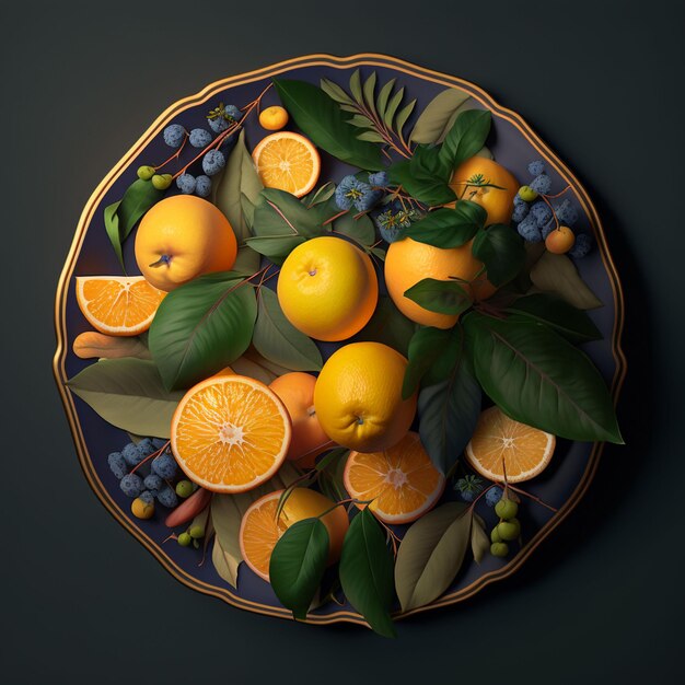 Een bord fruit met bladeren en sinaasappels erop