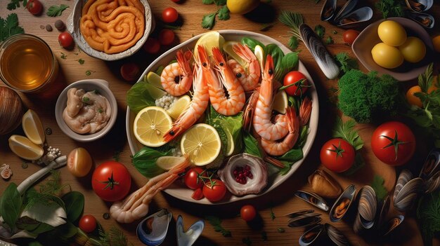 Een bord garnalen en garnalen met een bord eten op tafel Generatieve ai