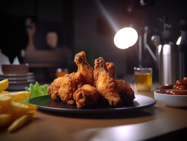 Een bord gebakken kip met friet en een bakje friet op tafel.