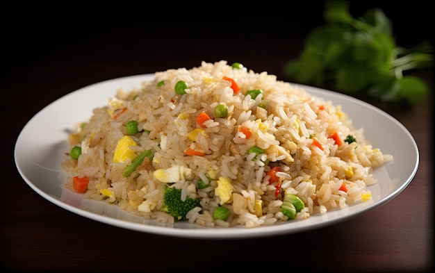 Een bord gebakken rijst met groenten en eieren.