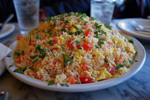 Een bord gebakken rijst met kip en groenten.