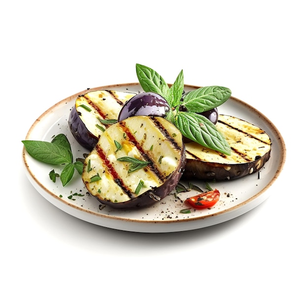 Een bord gegrilde aubergine met basilicumblaadjes en basilicum.