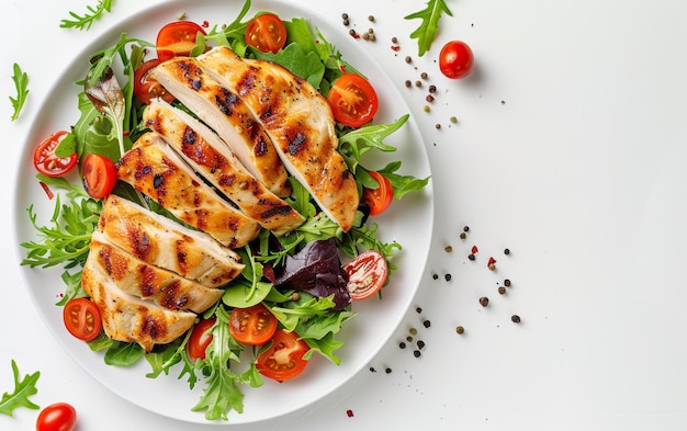 Een bord gegrilde kip en salade met tomaten en sla.