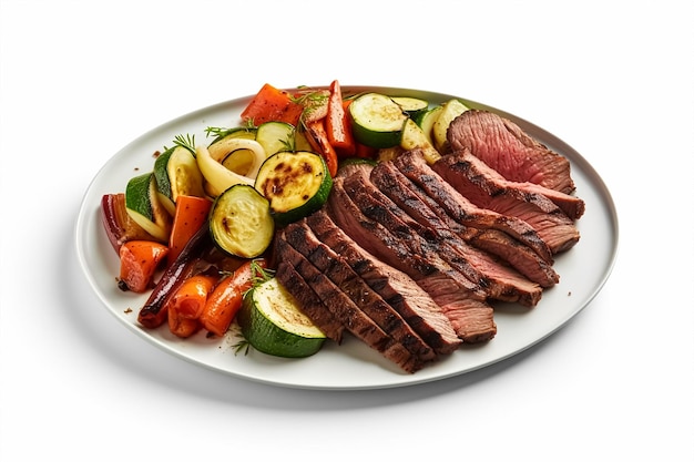 Een bord gegrilde steaks met gegrilde groenten.
