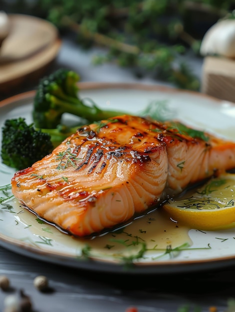 een bord gegrilde zalm met citroen en broccoli