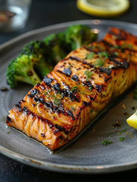 een bord gegrilde zalm met citroen en broccoli