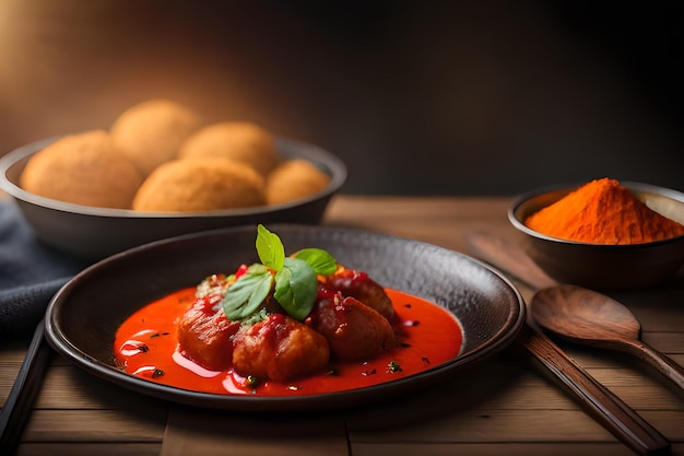 Een bord gehaktballen met een rode saus erop en een schaal eten op tafel.