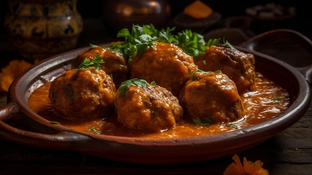 Een bord gehaktballen met een rode saus