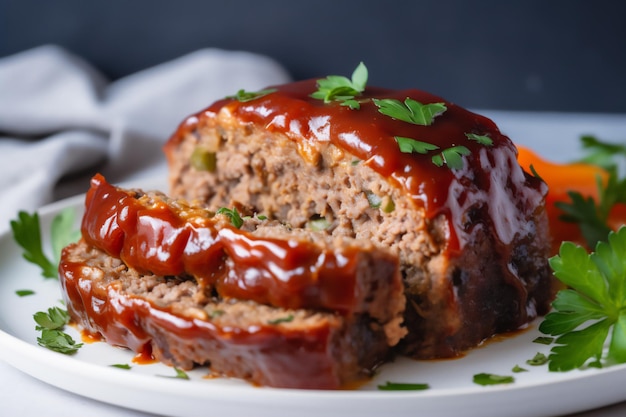 Een bord gehaktbrood met een uitgesneden plakje en een vork erbij.