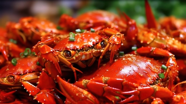 Een bord gekookte rode krabben met groene uien erbij.