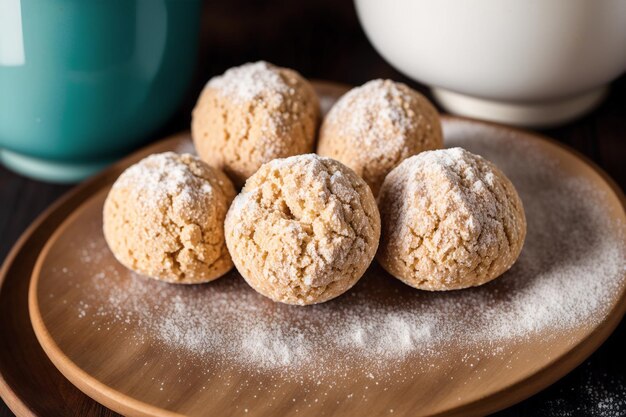 Een bord gekreukte koekjes met poedersuiker erop.