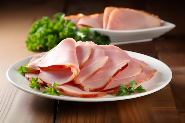 Een bord gesneden ham op een tafel met peterselie