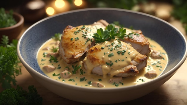 Een bord goudbruine kippendijen in een romige mosterdsaus gegarneerd met verse kruiden