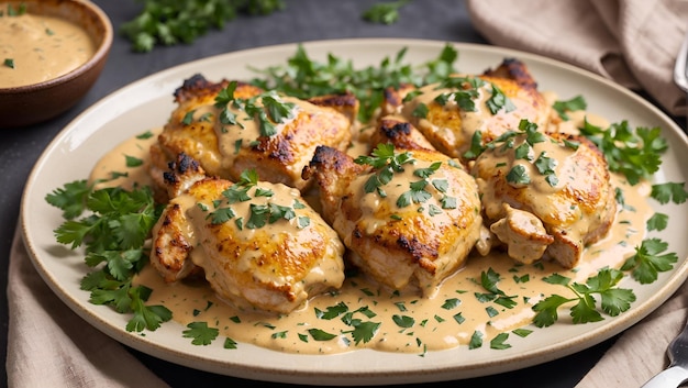 Een bord goudbruine kippendijen in een romige mosterdsaus gegarneerd met verse kruiden