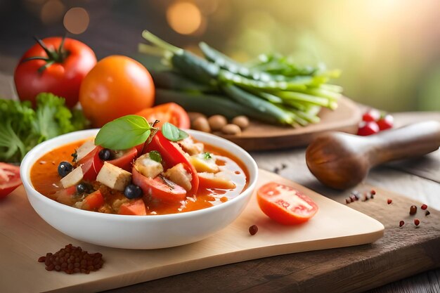 een bord groenten met tomaten en komkommer op een tafel.