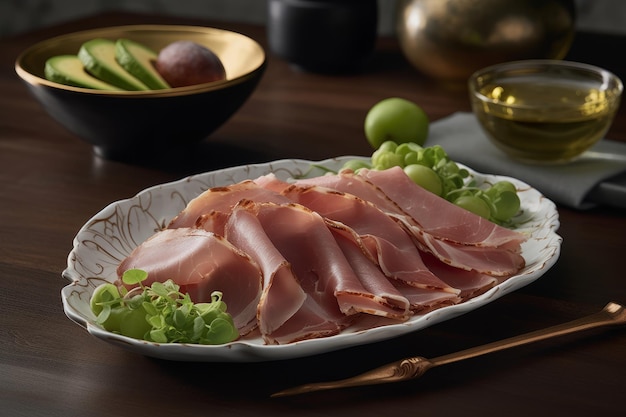 Een bord ham en plakjes avocado staat op een tafel naast een schaal met fruit.