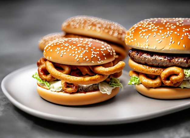 Een bord hamburgers met uienringen erop