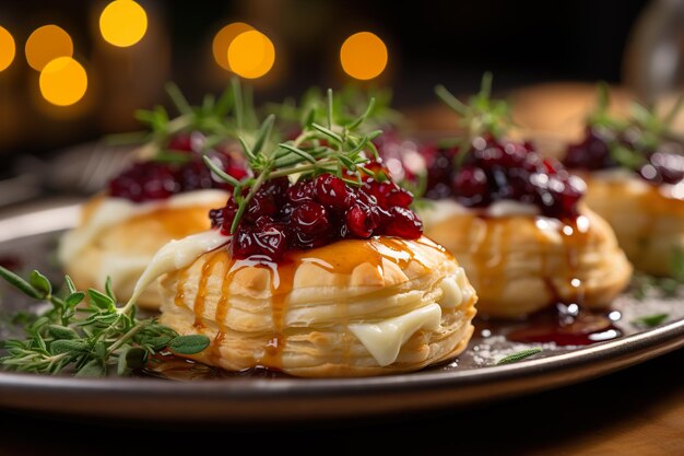 Een bord hartige bladerdeeghapjes, rijkelijk gevuld met zure cranberrycompote