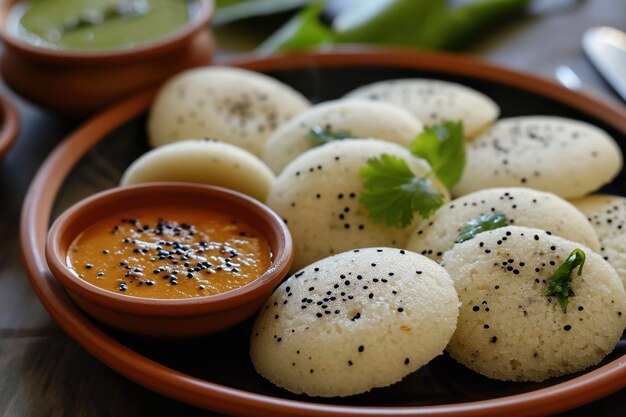 Een bord idli een hartige taart gemaakt door het stomen van een deeg bestaande uit gefermenteerde zwarte linzen en rijst Het is een hoofdvoedsel in de Zuid-Indiase keuken