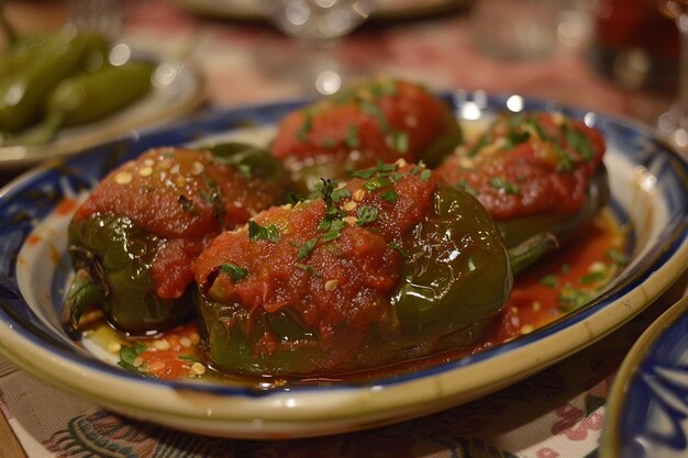 Een bord jalapeno paprika's met een rode saus erop