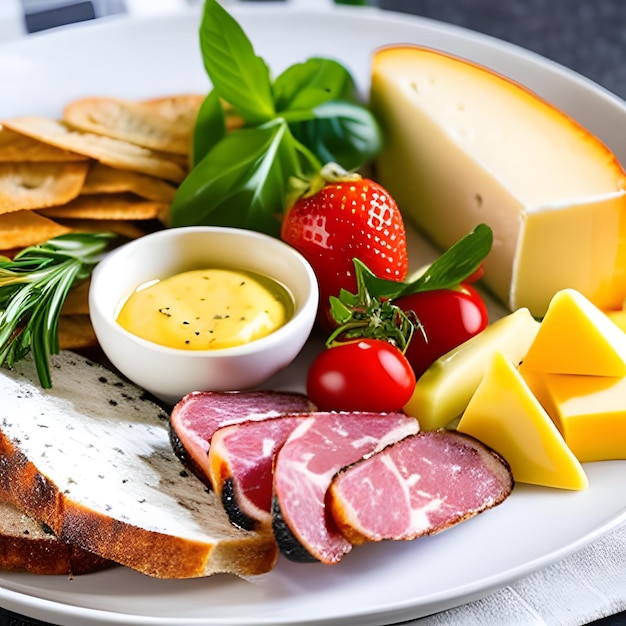 Een bord kaas, brood en tomaten met een aardbei erop.